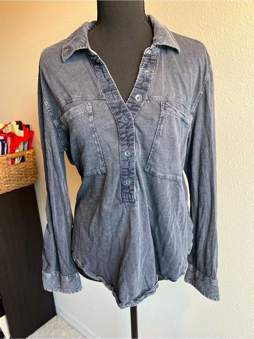 Anthropologie Pilcro Henley in Washed Black 3/4 Button-Front Long Sleeve Blouse